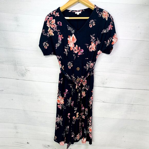 J.Jill Women’s Blue Floral Midi Dress Petite Small Dolman Sleeve Knit Stretch - Picture 8 of 12